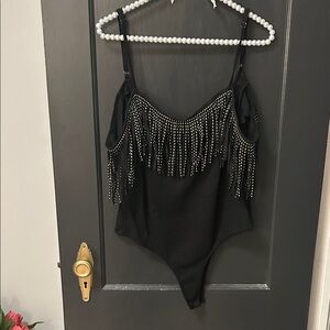 Black Fringe faux suede bodysuit with gold detail